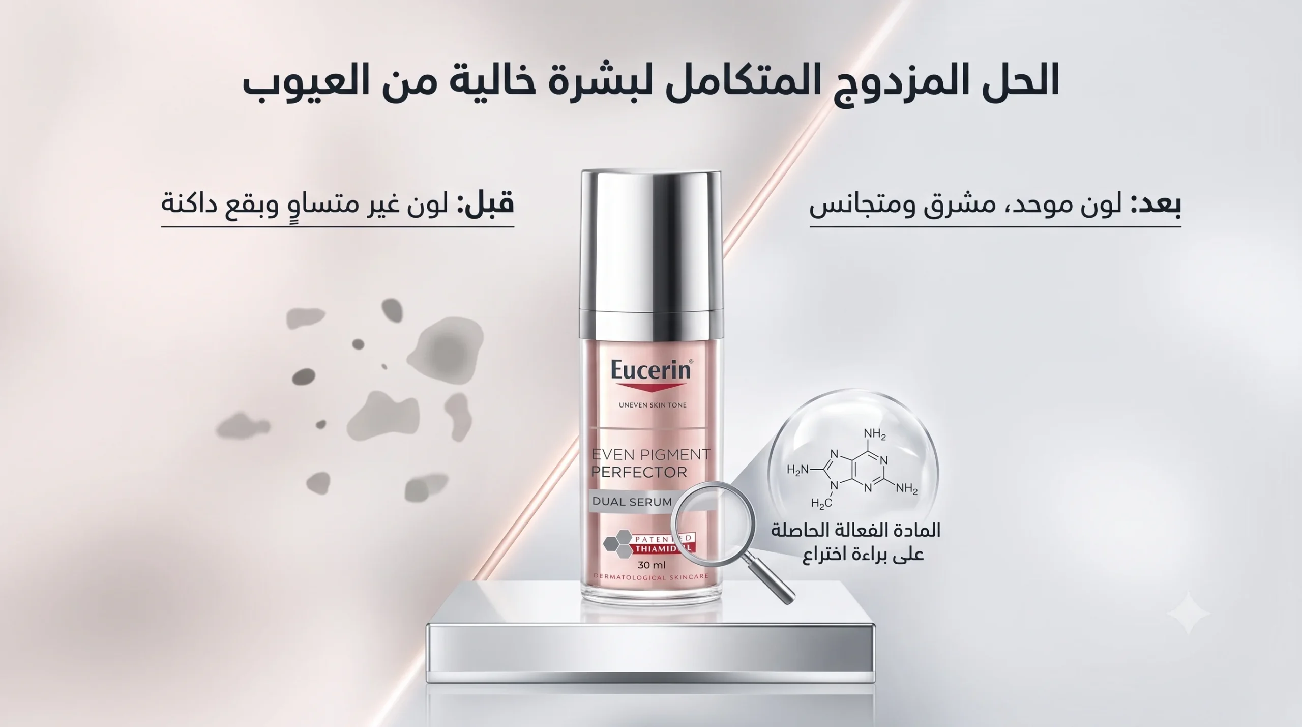 لقطة احترافية لمصل يوسرين سيروم مزدوج مضاد للتصبغات على قاعدة عاكسة، مع تصميم منقسم يوضح مقارنة مبسطة للبشرة قبل وبعد الاستخدام (تصبغات مقابل لون موحد ومشرق) ، مع شرح عربي لبراءة اختراع الثياميدول.