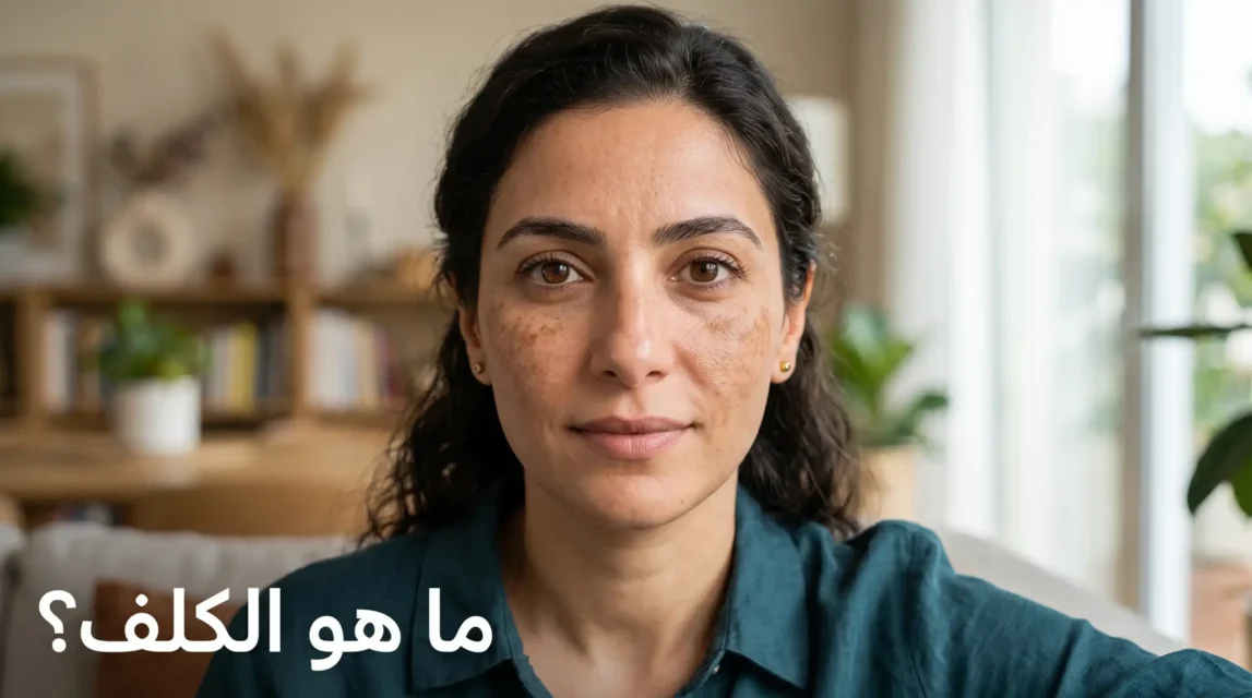 صورة مقربة لوجه امرأة يظهر عليها بقع الكلف الطبيعية على الوجنتين مع نص باللغة العربية يسأل "ما هو الكلف؟".