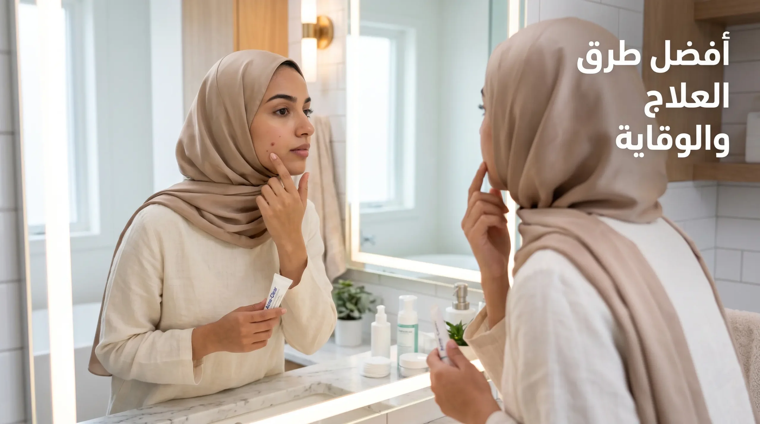 البديل (Alt text): سيدة تضع كريم معالج لحب الشباب أمام المرآة، مع نص "أفضل طرق العلاج والوقاية".