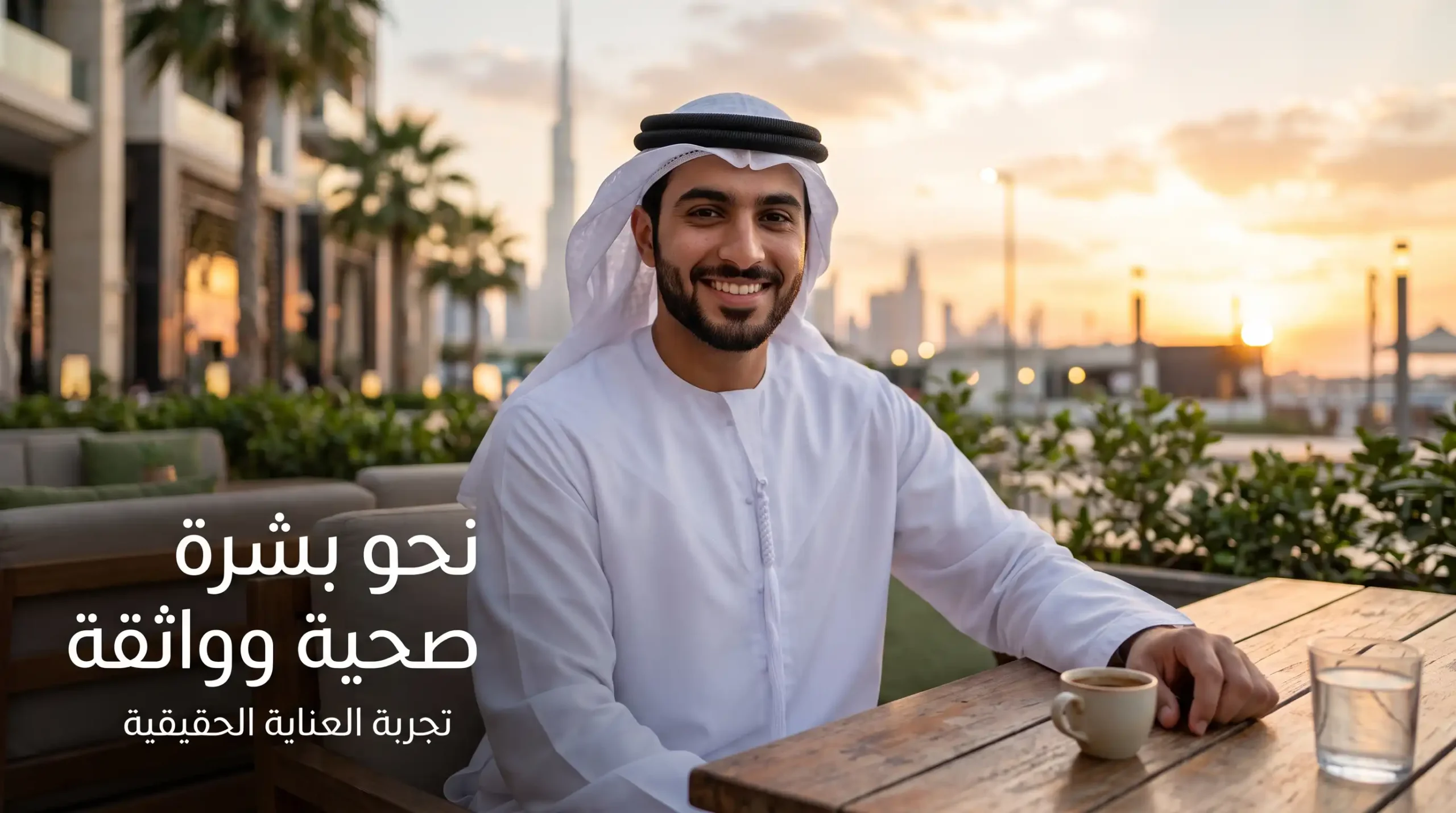 شاب يبتسم بثقة وبشرة صافية خالية من حب الشباب وصحية في وقت الغروب، مع نص "نحو بشرة صحية وواثقة".