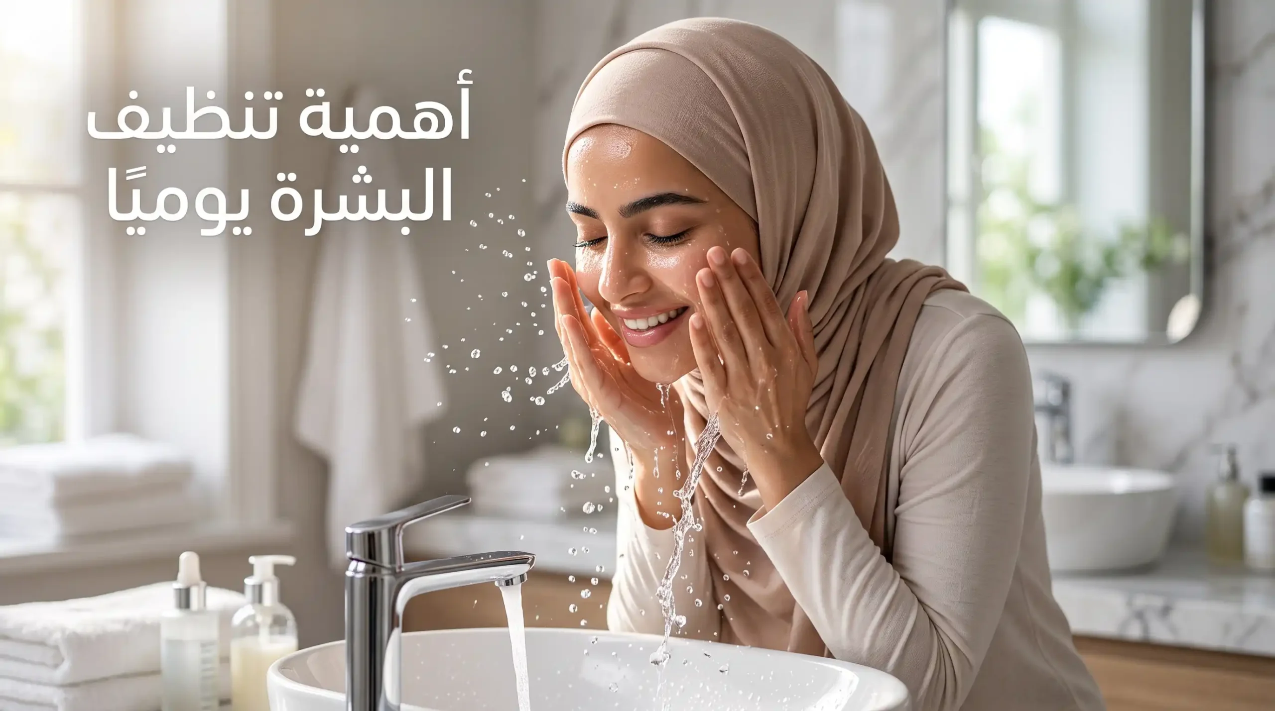 شابة ترشق وجهها بالماء المنعش بعد استخدام غسول الوجه ، مع نص "أهمية تنظيف البشرة يوميًا".