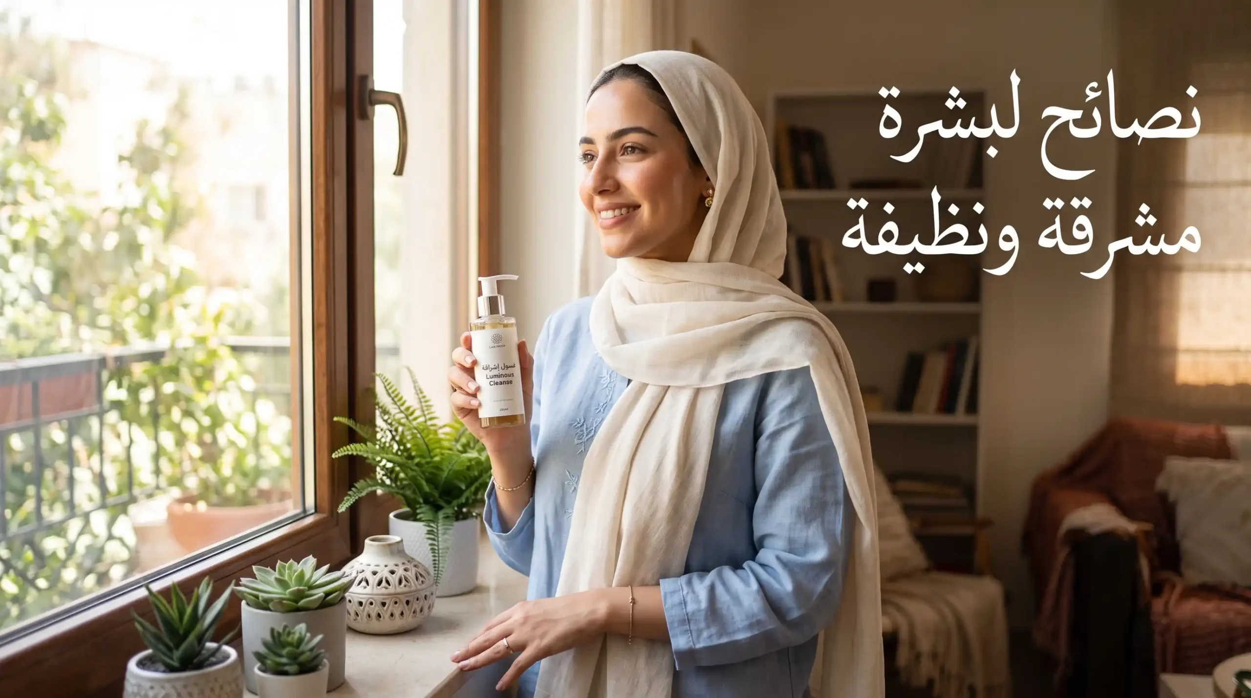 سيدة بملامح خليجية ترتدي حجاباً فاتحاً وتقف بجانب نافذة مشمسة ممسكة بعبوة غسول الوجه، مع نص "نصائح لبشرة مشرقة ونظيفة".