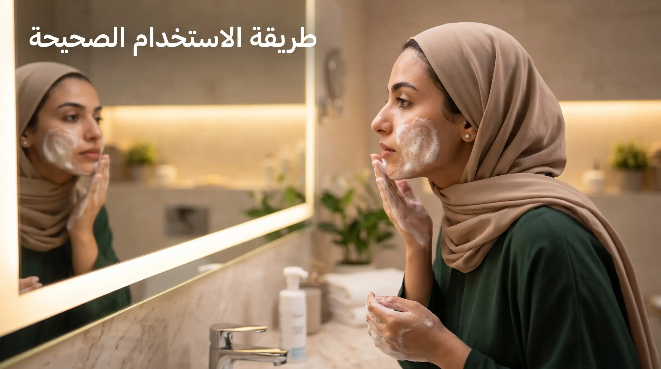 شابة تضع رغوة غسول الوجه على وجهها بتركيز أمام المرآة مع نص "طريقة الاستخدام الصحيحة".