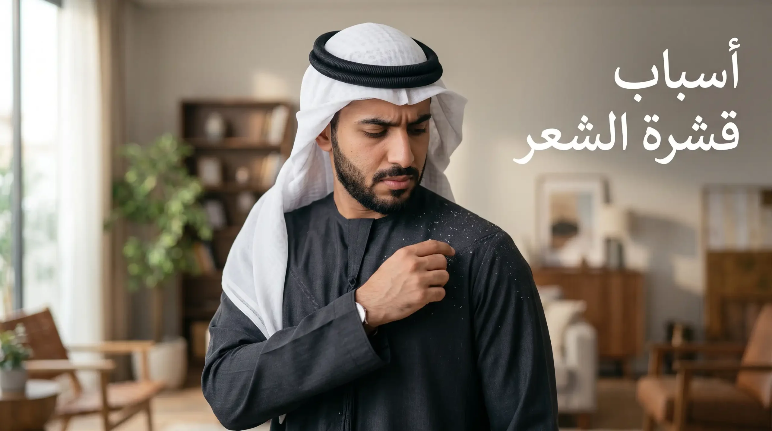 شاب يبدو عليه الضيق وهو يزيل قشور الشعر البيضاء عن كتف ثوبه الداكن، مع نص "أسباب قشرة الشعر".