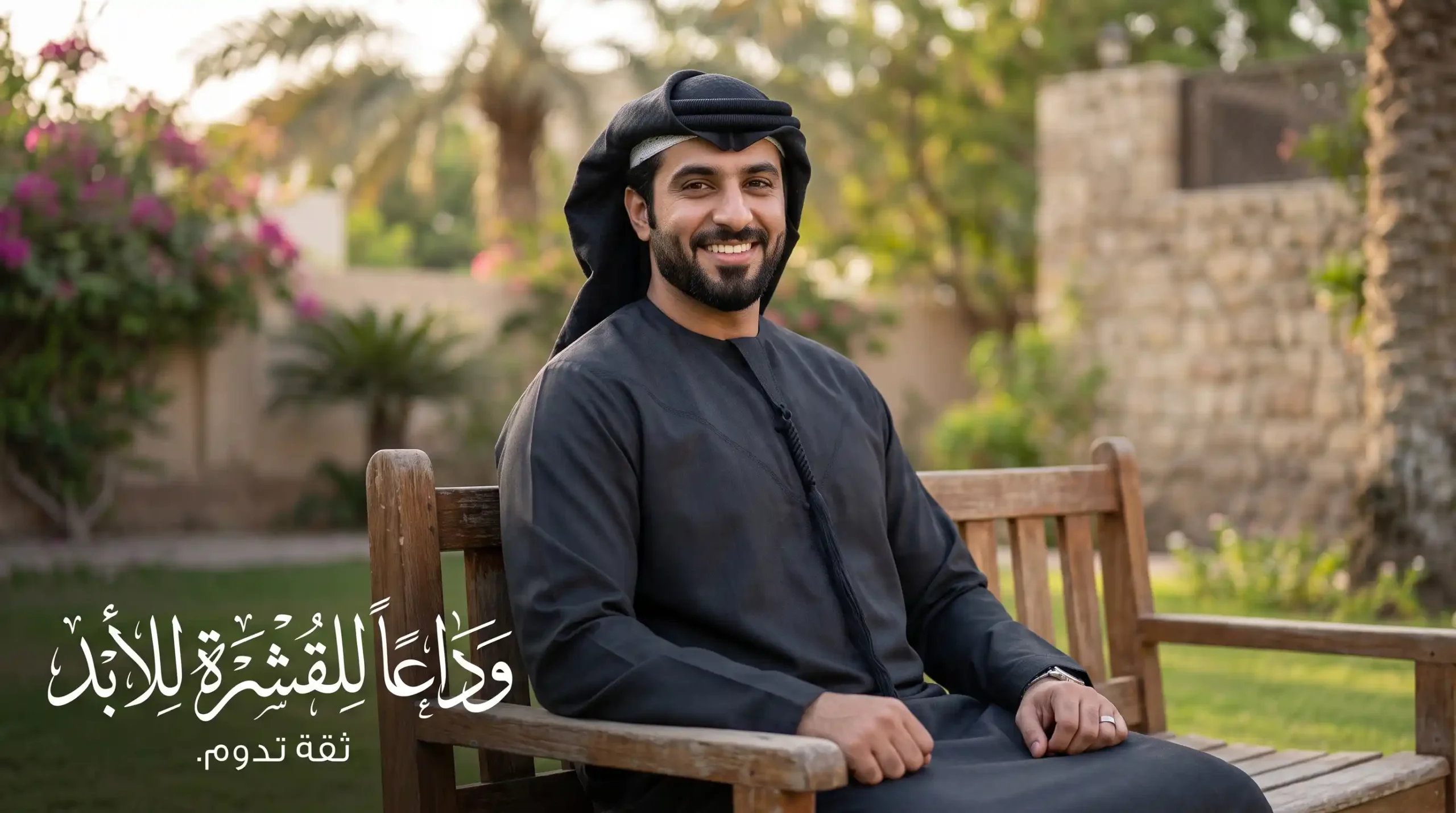 شخص يتمتع بشعر نظيف وفروة رأس صحية ويبتسم بثقة بملابس داكنة خالية من القشور، مع نص "وداعاً للقشرة للأبد".