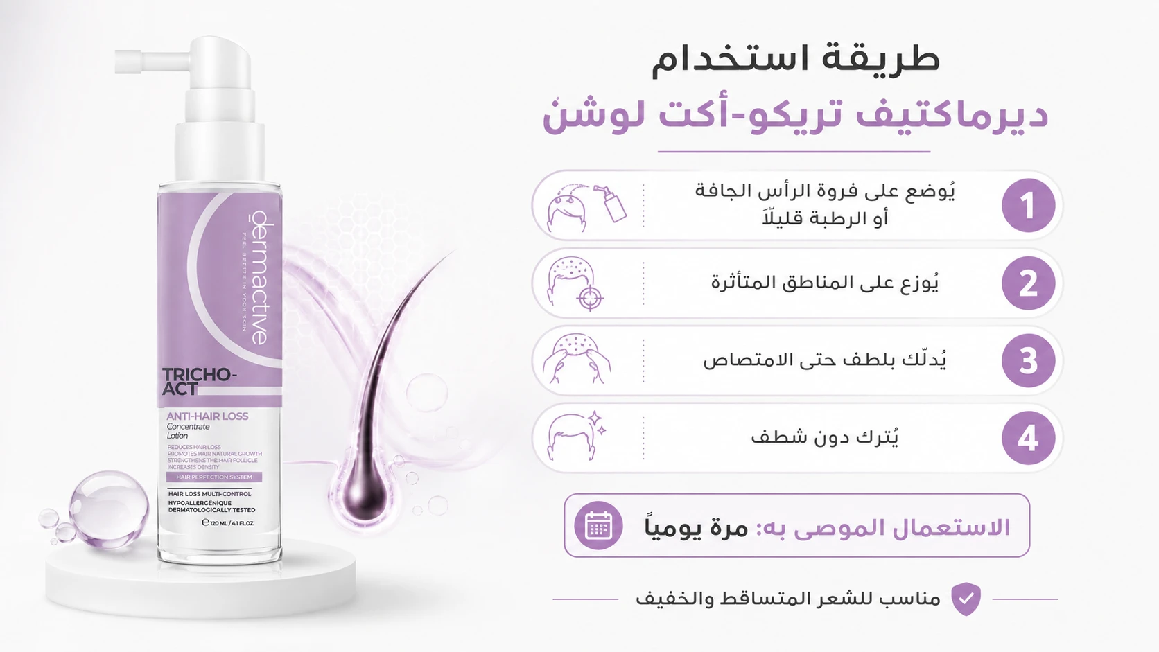 طريقة استخدام ديرماكتيف تريكو-أكت لوشن 120 مل على فروة الرأس لتقليل تساقط الشعر.