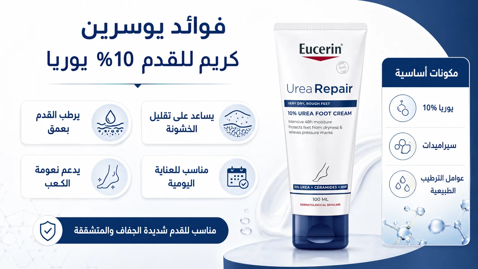 فوائد يوسرين كريم للقدم 10% يوريا في ترطيب القدم وتنعيم الكعب وتقليل الخشونة.