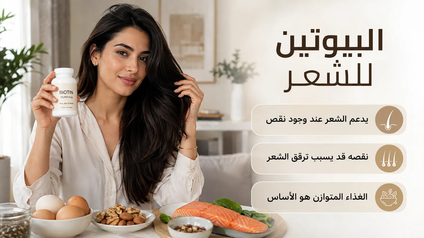 Alt: امرأة خليجية تحمل عبوة بيوتين بجوار البيض والمكسرات والسلمون