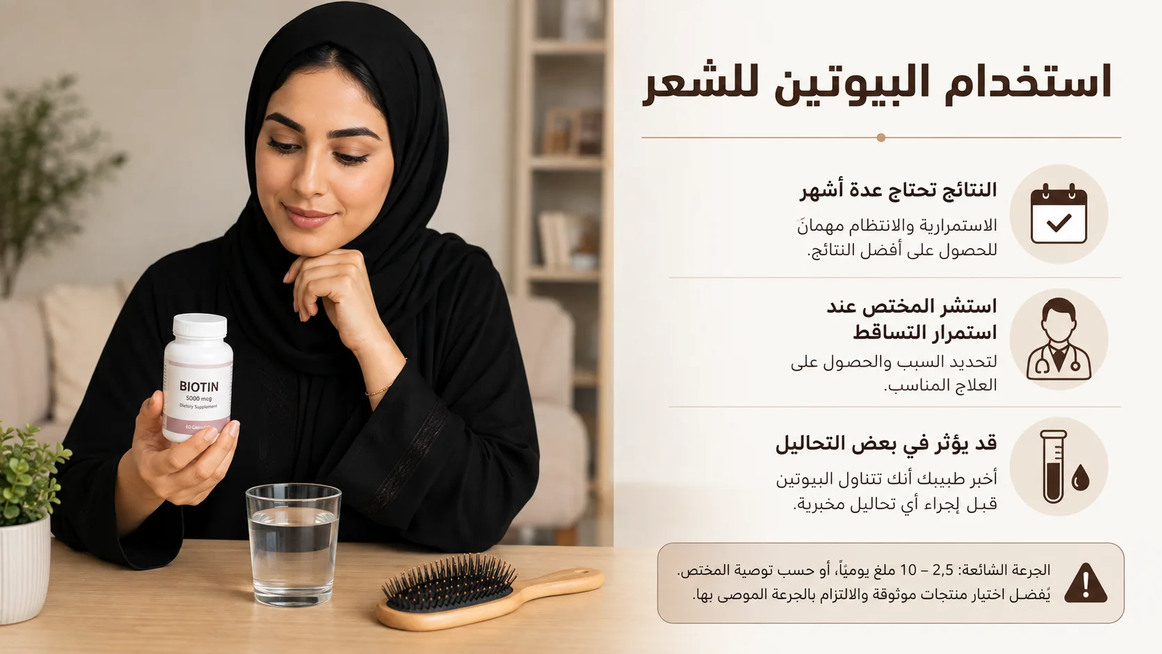 Alt: امرأة خليجية محجبة تقرأ عبوة بيوتين بجوار كوب ماء وفرشاة شعر
