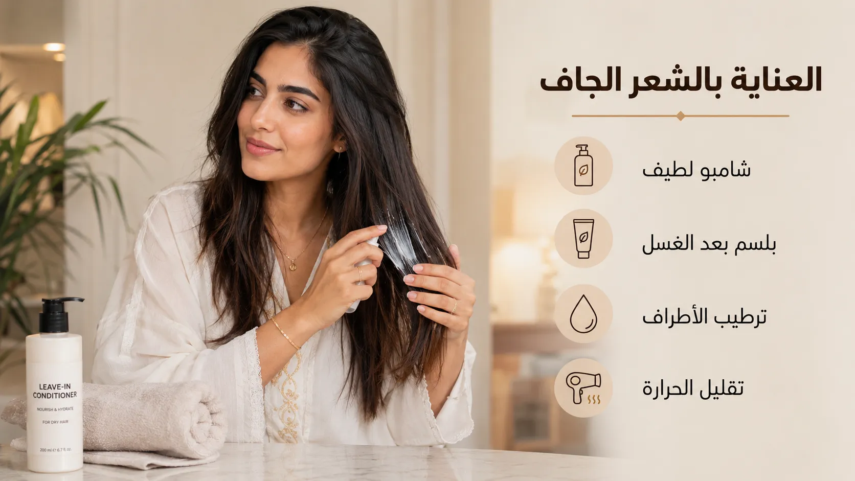 امرأة تستخدم بلسمًا مرطبًا للعناية بالشعر الجاف