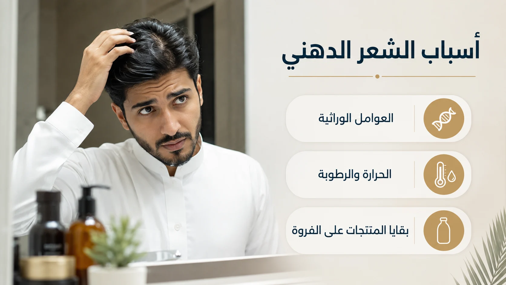 Alt: رجل يفحص فروة رأسه الدهنية مع توضيح أسباب زيادة الدهون