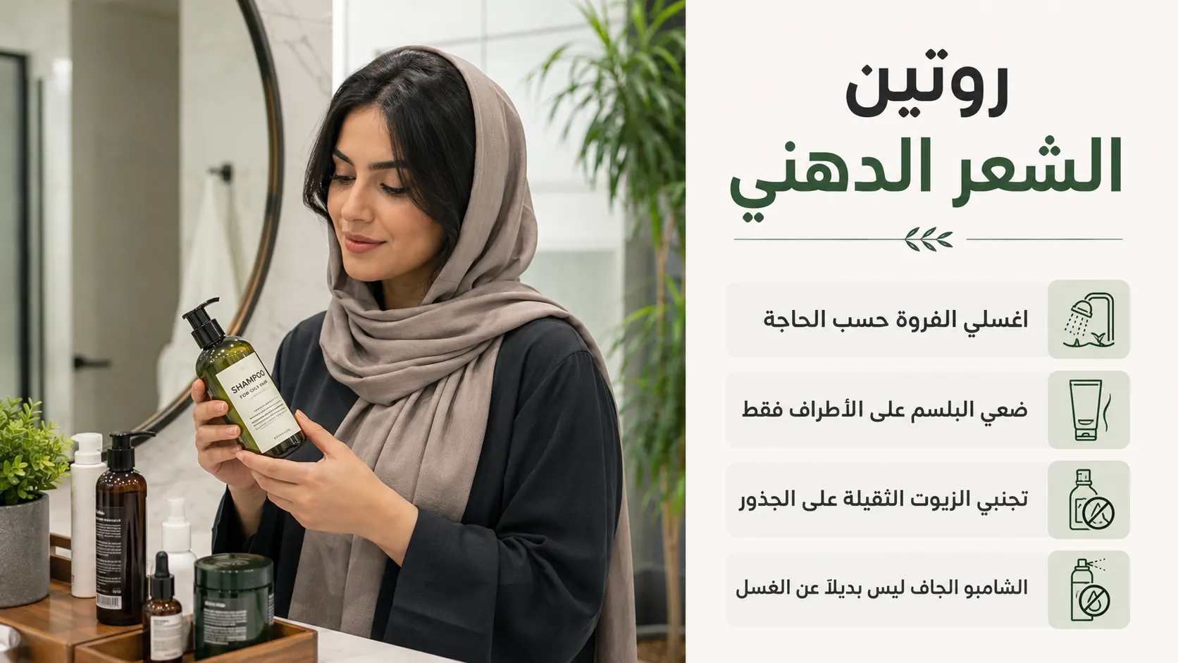 Alt: امرأة محجبة تختار شامبو مناسبًا للشعر الدهني