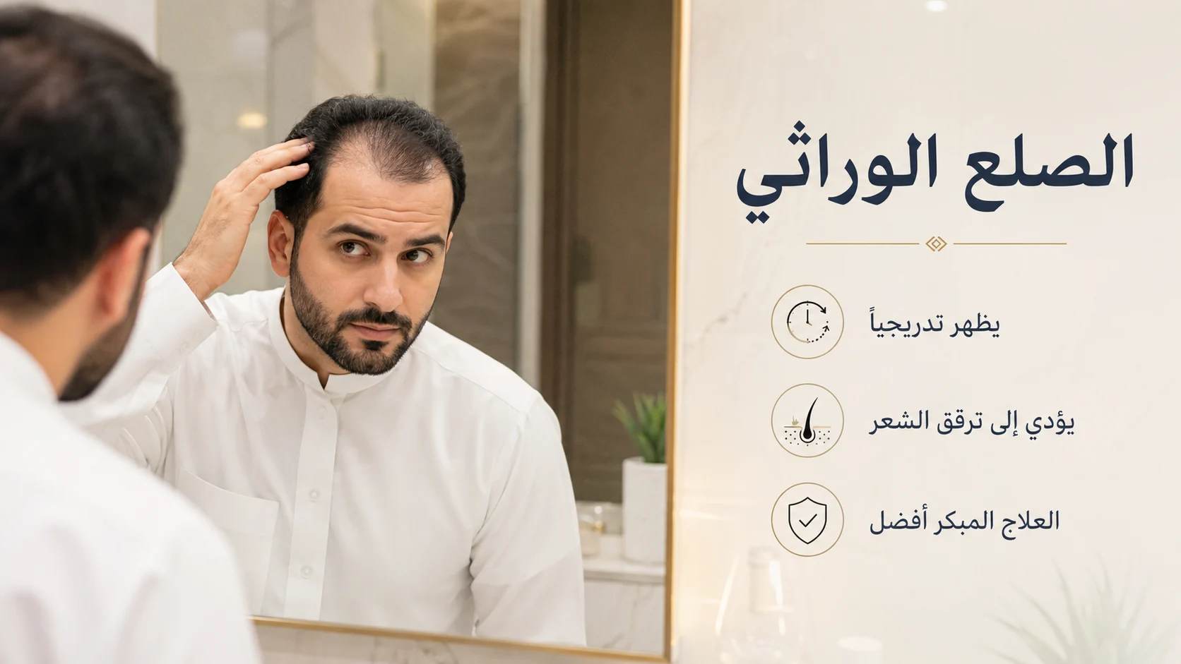 الصلع الوراثي: علاماته وعلاجه وهل يعود الشعر للنمو؟ 5 رجل يفحص مقدمة رأسه المتراجعة أمام المرآة مع معلومات عن الصلع الوراثي