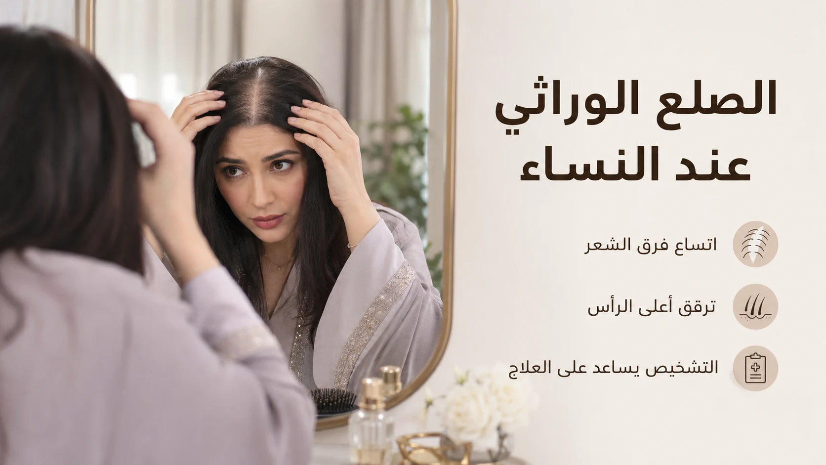 الصلع الوراثي: علاماته وعلاجه وهل يعود الشعر للنمو؟ 6 امرأة خليجية تفحص اتساع فرق الشعر أمام المرآة مع معلومات عن الصلع الوراثي عند النساء