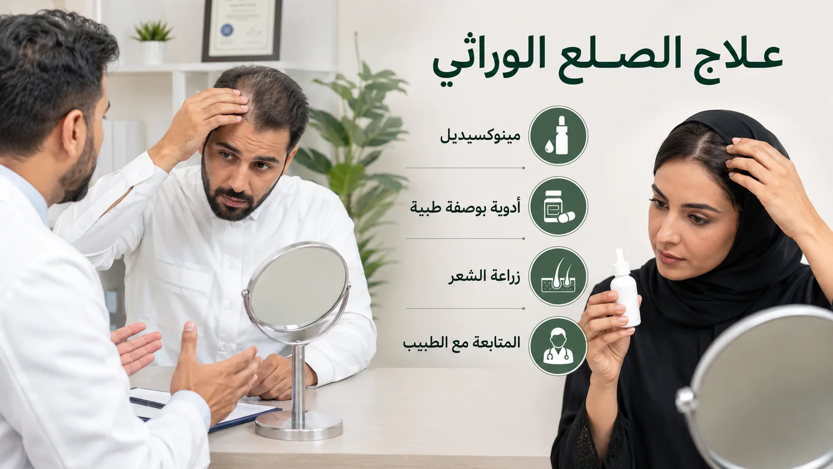 الصلع الوراثي: علاماته وعلاجه وهل يعود الشعر للنمو؟ 7 Alt: رجل وامرأة يتعرفان على خيارات علاج الصلع الوراثي