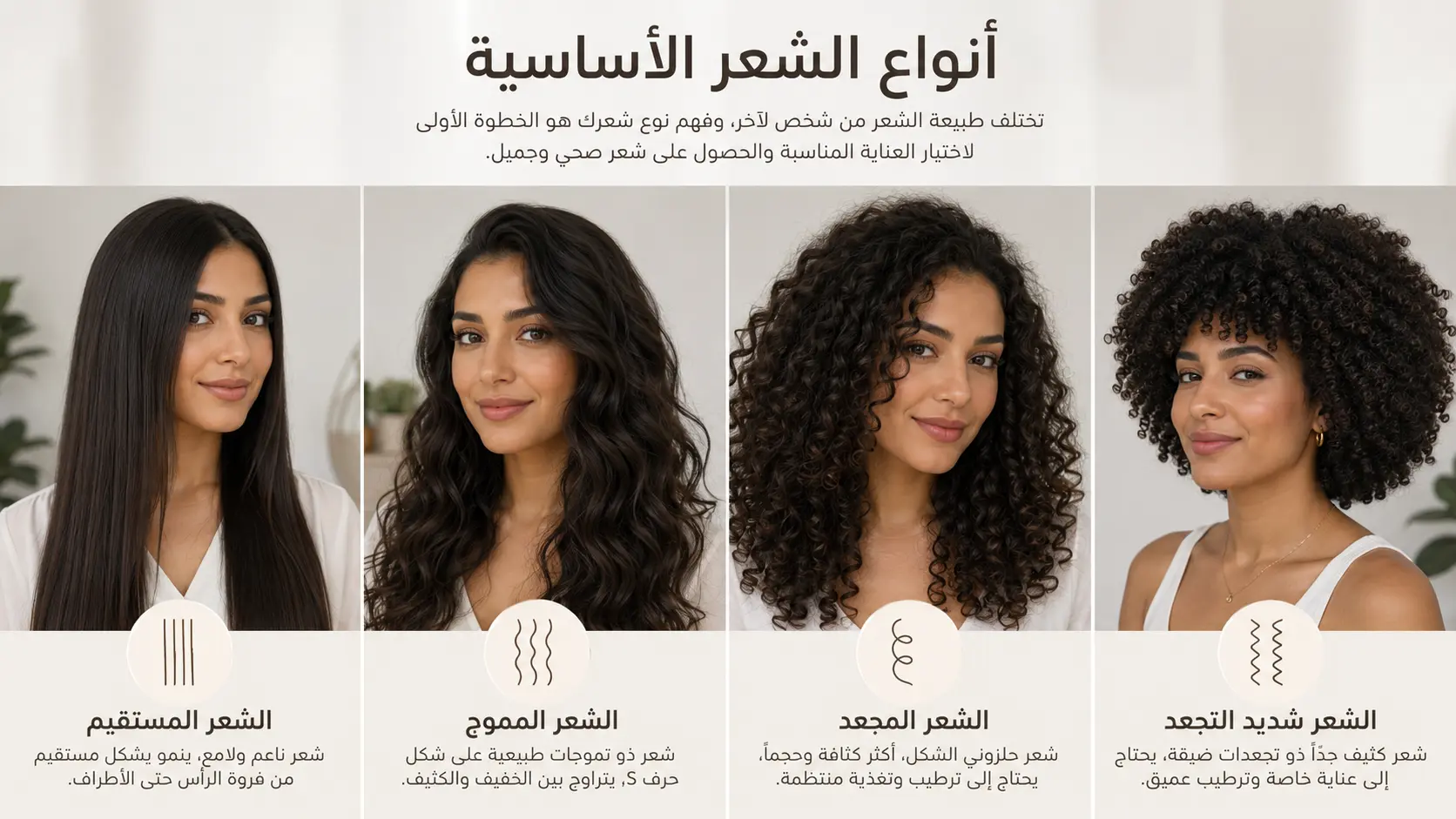 أنواع الشعر: كيف تعرفين نوع شعرك وفروة رأسك؟ 5 أنواع الشعر المستقيم والمموج والمجعد وشديد التجعد لدى نساء عربيات