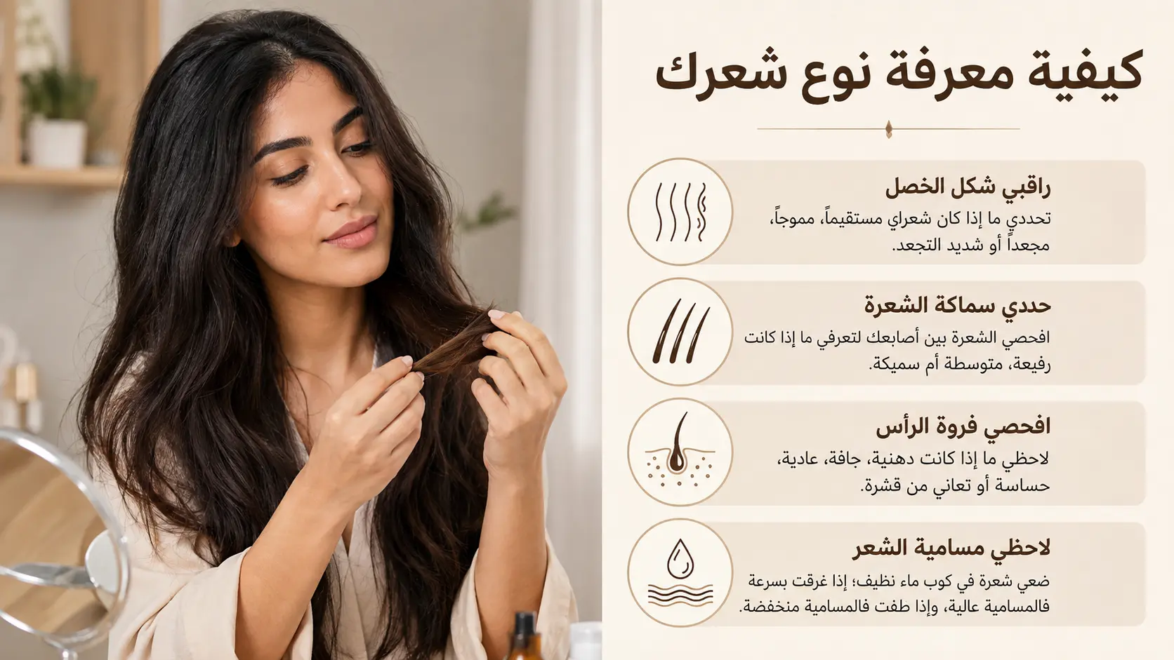 أنواع الشعر: كيف تعرفين نوع شعرك وفروة رأسك؟ 6 امرأة عربية تفحص خصل شعرها لمعرفة نوع الشعر وسماكته ومساميته