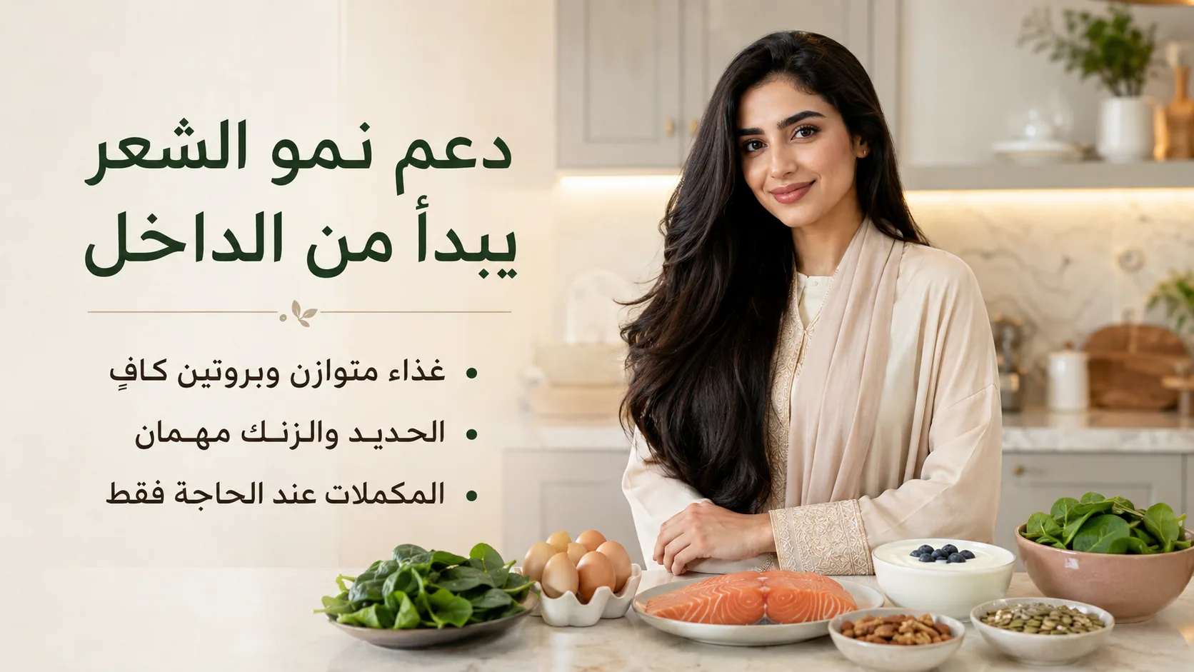 تطويل الشعر: حقائق وخطوات تساعد على نمو صحي 6 Alt: امرأة ذات شعر طويل بجوار أطعمة غنية بالبروتين والحديد والزنك