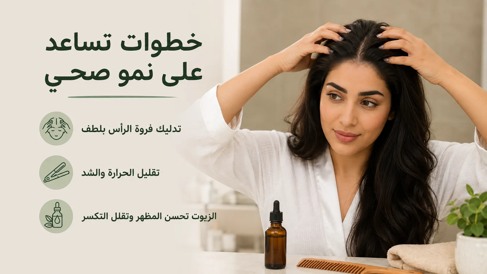 تطويل الشعر: حقائق وخطوات تساعد على نمو صحي 7 Alt: امرأة تدلك فروة رأسها ضمن روتين العناية لتطويل الشعر
