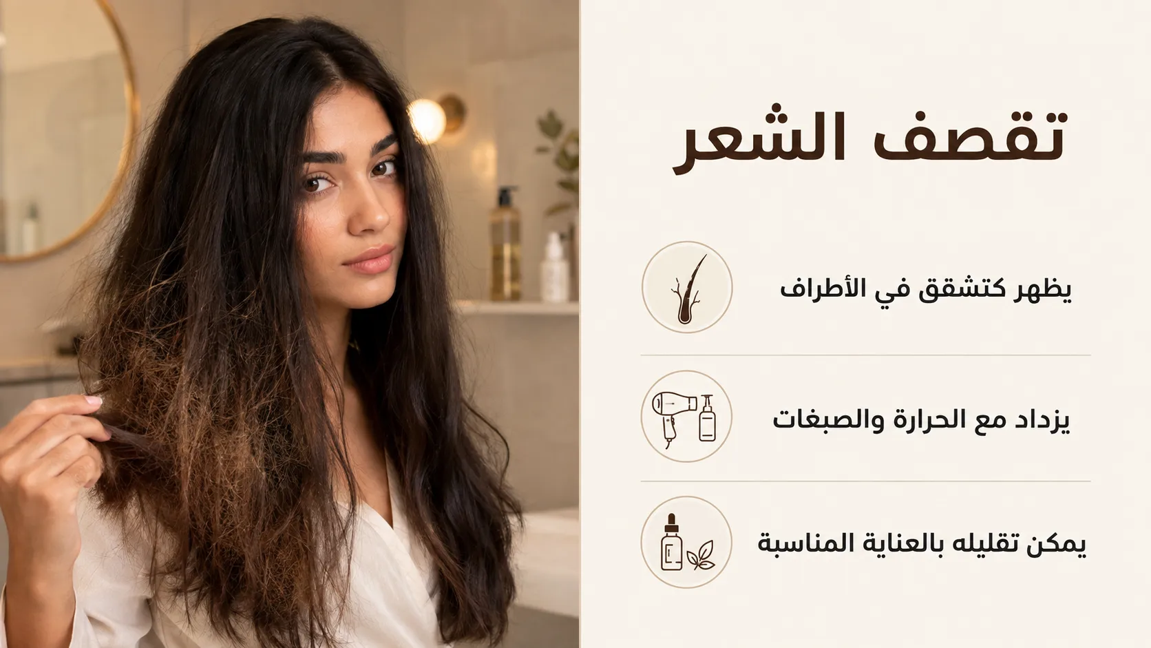 تقصف الشعر: أسبابه وعلاجه وهل يمكن إصلاح الأطراف؟ 5 تقصف أطراف الشعر لدى امرأة عربية مع توضيح مظهره وأسبابه