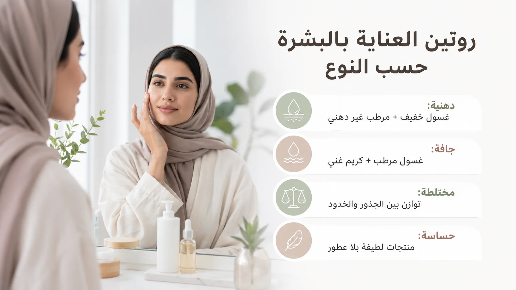 امرأة محجبة تتعرف على روتين العناية المناسب لنوع بشرتها