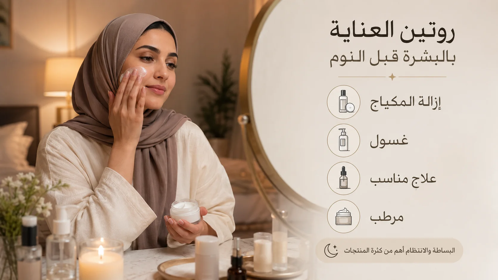 امرأة تطبق روتين العناية بالبشرة قبل النوم