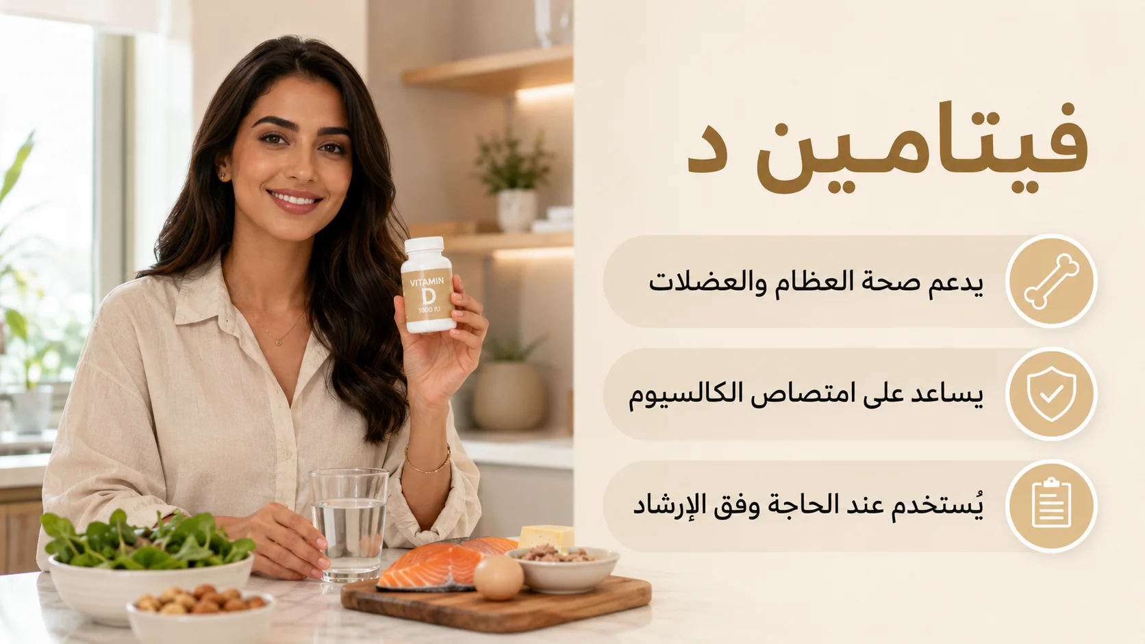 Alt: امرأة خليجية تحمل عبوة فيتامين د بجوار أطعمة غنية بالعناصر الغذائية