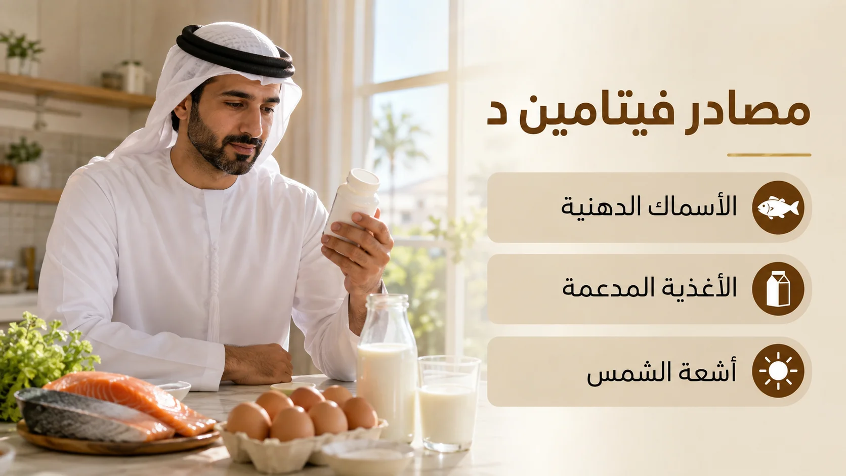 Alt: رجل خليجي يقرأ عبوة فيتامين د بجوار الأسماك والبيض والحليب