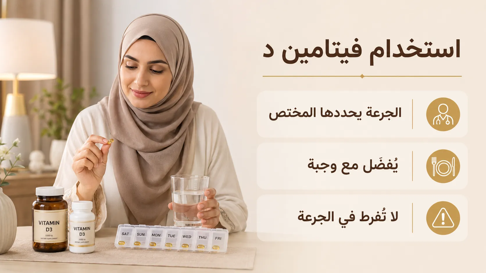 Alt: امرأة خليجية محجبة تتناول فيتامين د مع كوب من الماء