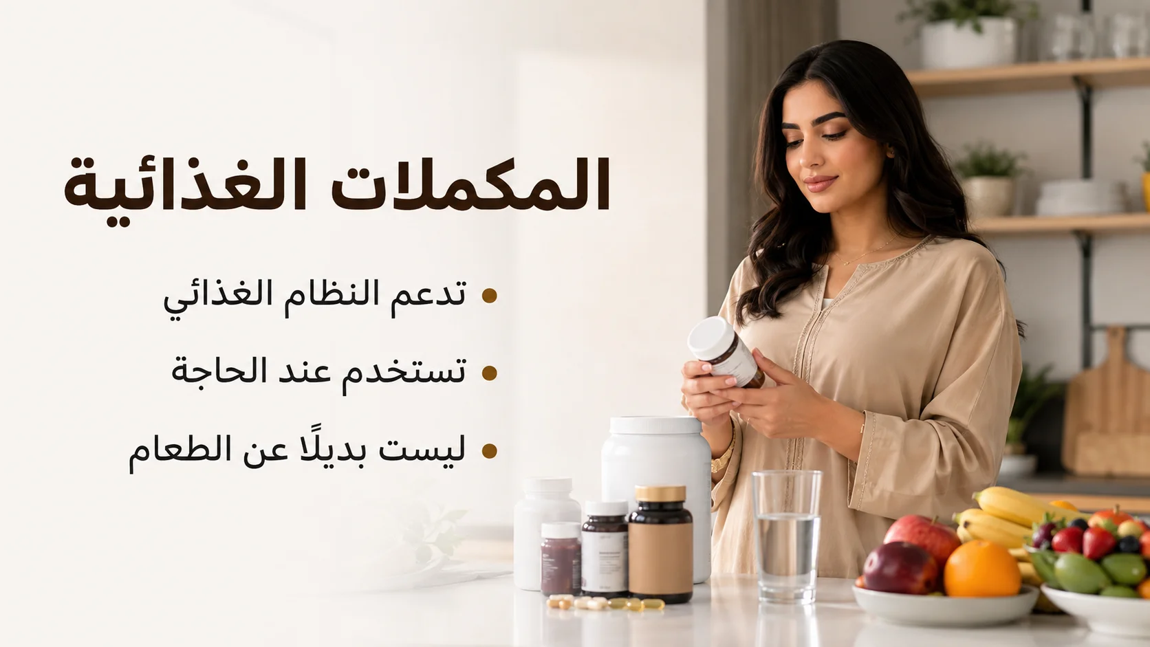 Alt: امرأة خليجية تقرأ عبوة مكمل غذائي بجوار الفواكه وكوب الماء