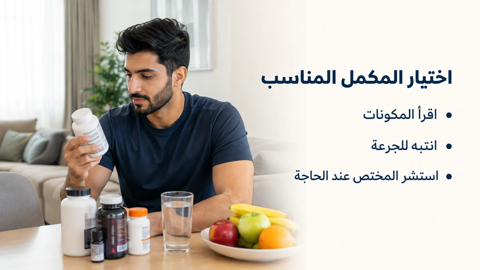 Alt: رجل خليجي يقرأ مكونات وجرعة مكمل غذائي قبل استخدامه
