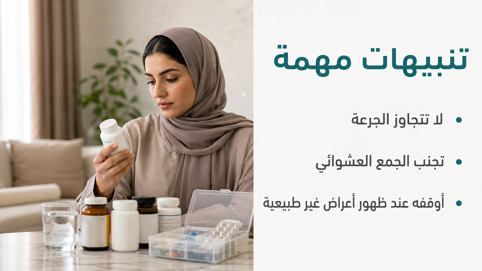 Alt: امرأة خليجية محجبة تراجع عبوات المكملات الغذائية والجرعات