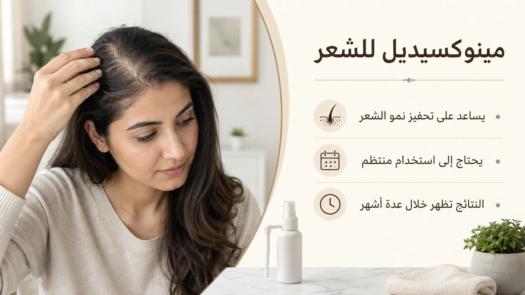 امرأة تفحص ترقق الشعر مع معلومات عن استخدام المينوكسيديل