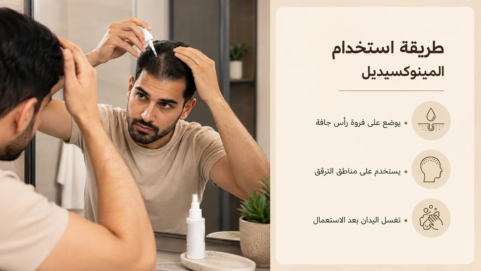 رجل يضع المينوكسيديل على مناطق ترقق الشعر في فروة الرأس