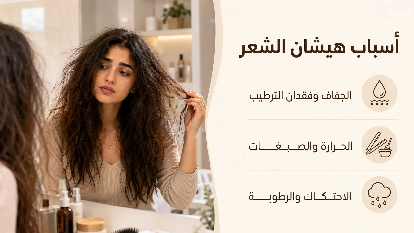 أسباب هيشان الشعر عند امرأة تفحص خصلات شعرها أمام المرآة