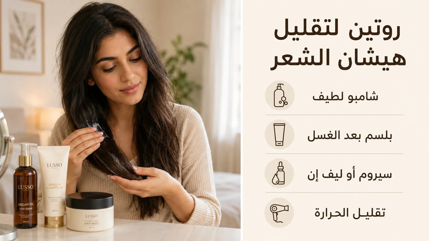 روتين العناية لتقليل هيشان الشعر باستخدام شامبو لطيف وبلسم وسيروم