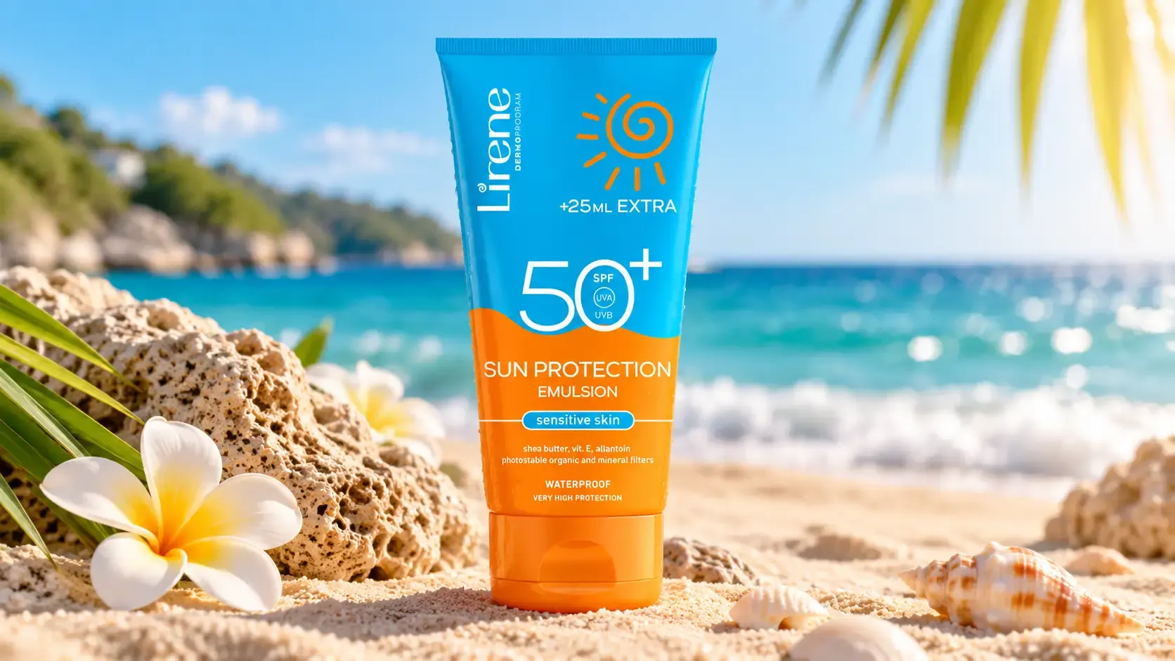 واقي شمس ليرين SPF 50+ على شاطئ مشمس مع البحر والرمال والزهور الاستوائية