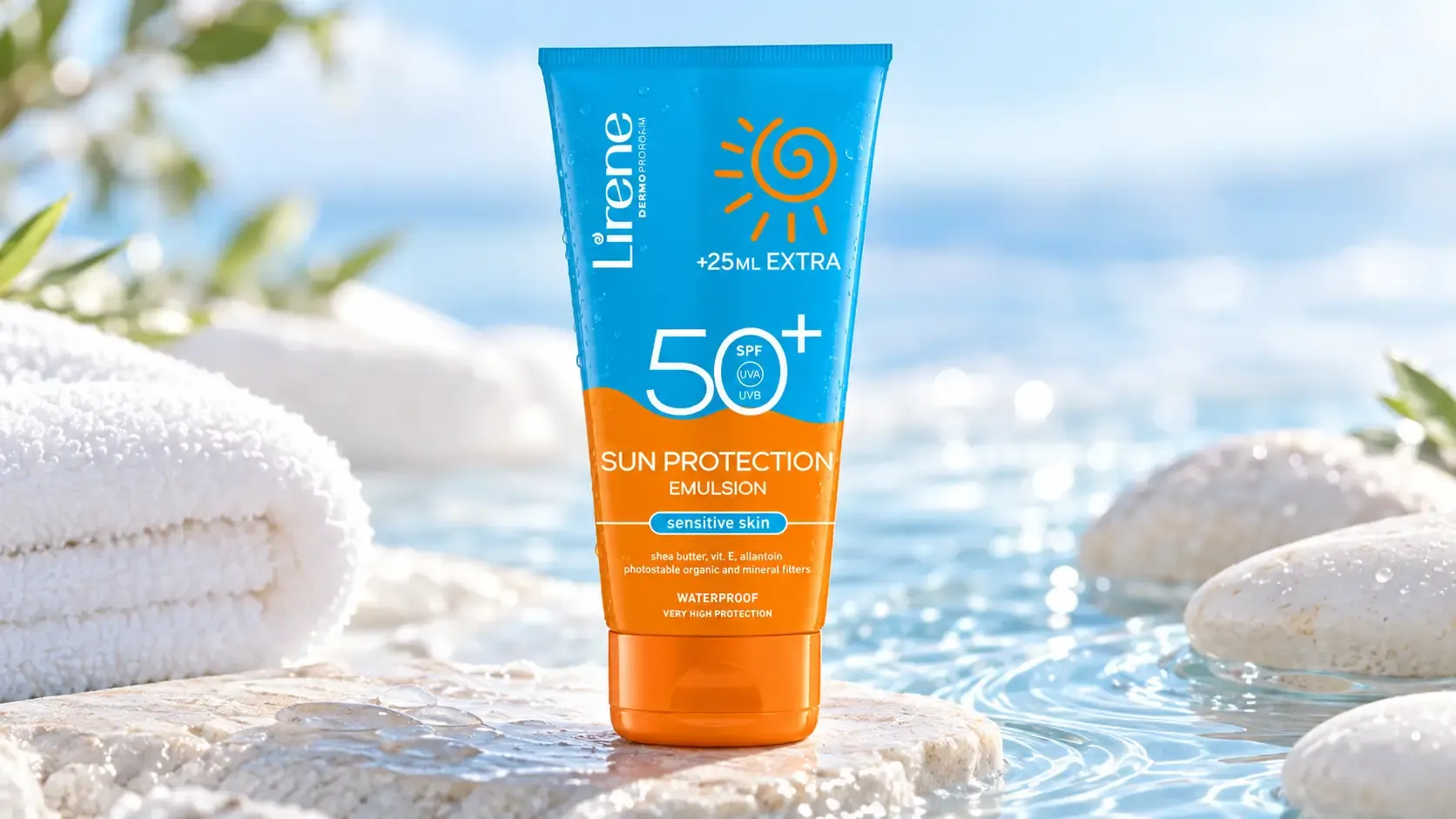 واقي شمس ليرين SPF 50+ في مشهد سبا مائي مع مناشف بيضاء وأحجار فاتحة وقطرات ماء