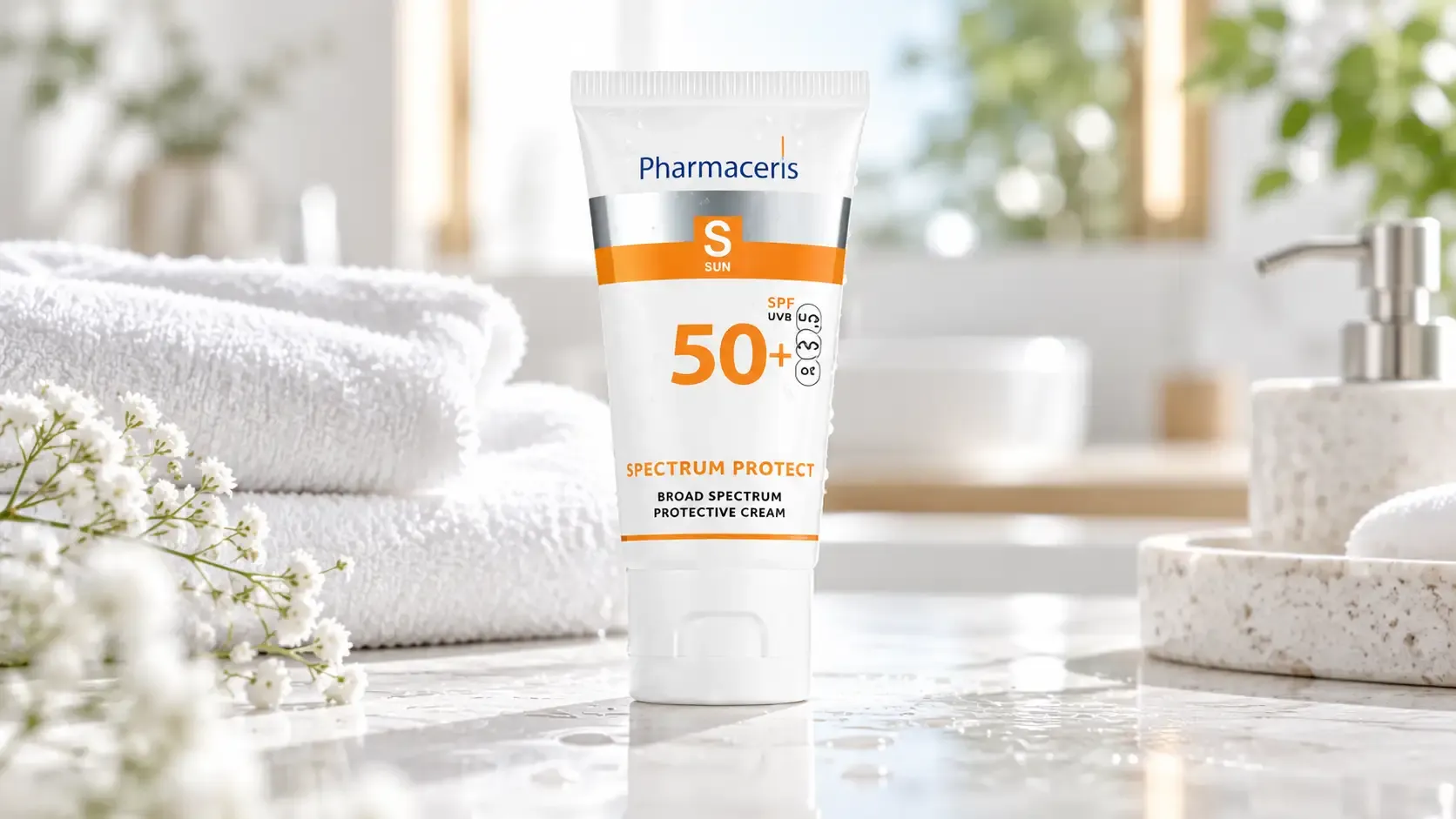 فارماسيرز واقي شمس SPF 50+ للكبار والأطفال 50 مل 4 عبوة فارماسيرز SPF 50+ مع عناصر حمضية ولمسات مائية في صورة دعائية منعشة.