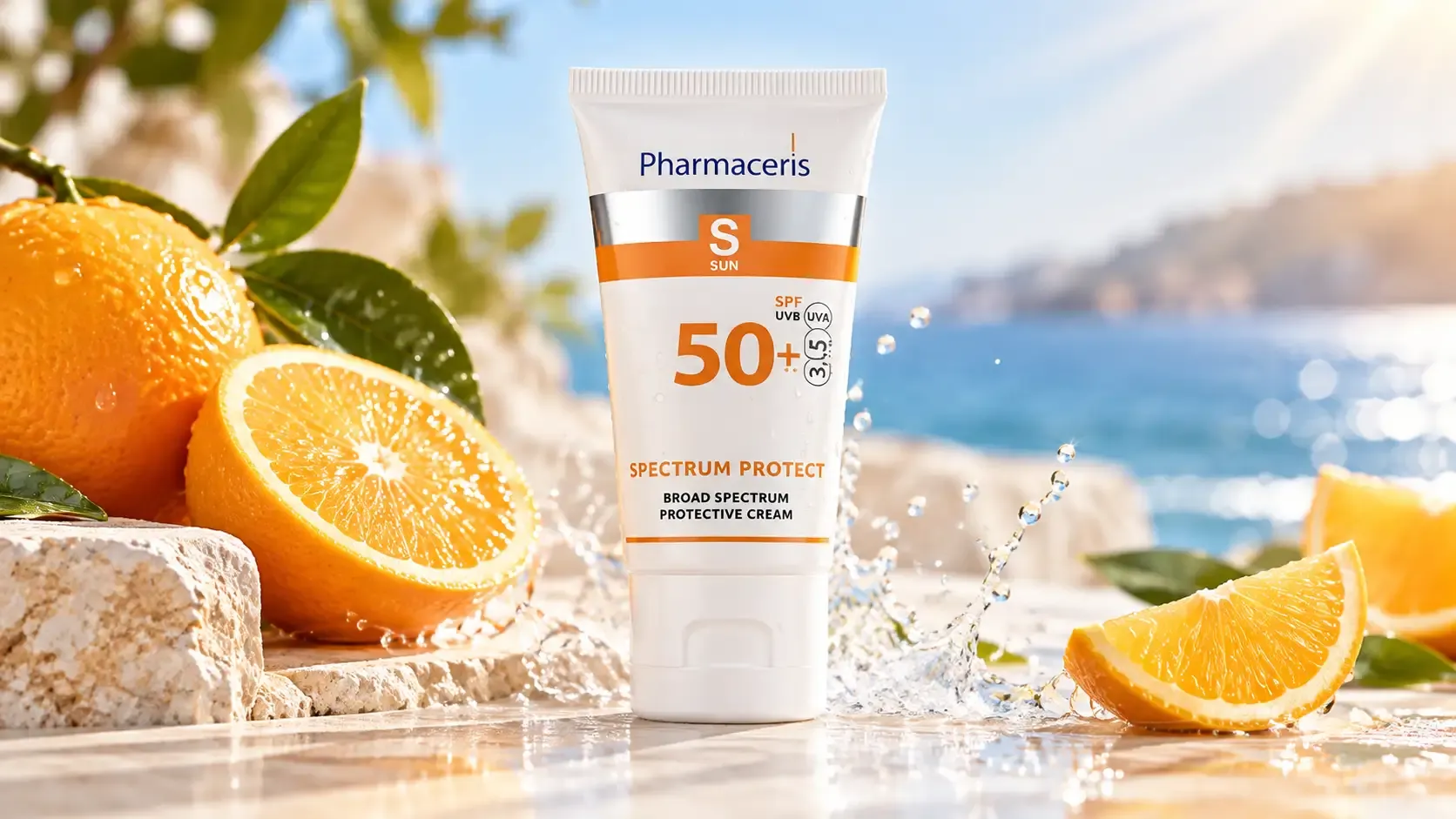 فارماسيرز واقي شمس SPF 50+ للكبار والأطفال 50 مل 5 عبوة فارماسيرز صن بروتكت SPF 50+ 50 مل في لقطة تجميلية هادئة بأسلوب سبا.