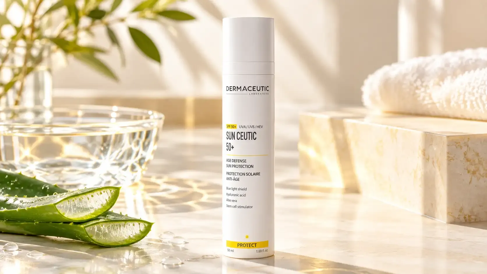 عبوة ديرماسيوتيك صن سيوتيك SPF 50+‏ 50 مل في مشهد سبا مضاء بأشعة الشمس مع أزهار صفراء وأوراق ألوفيرا