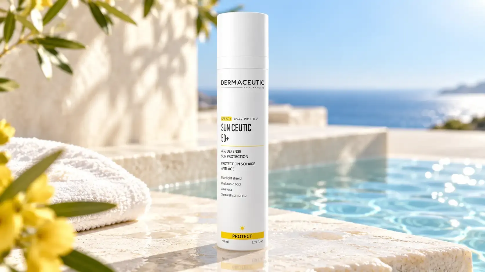 عبوة ديرماسيوتيك صن سيوتيك SPF 50+‏ 50 مل بجانب المسبح في أجواء مشمسة وفاخرة