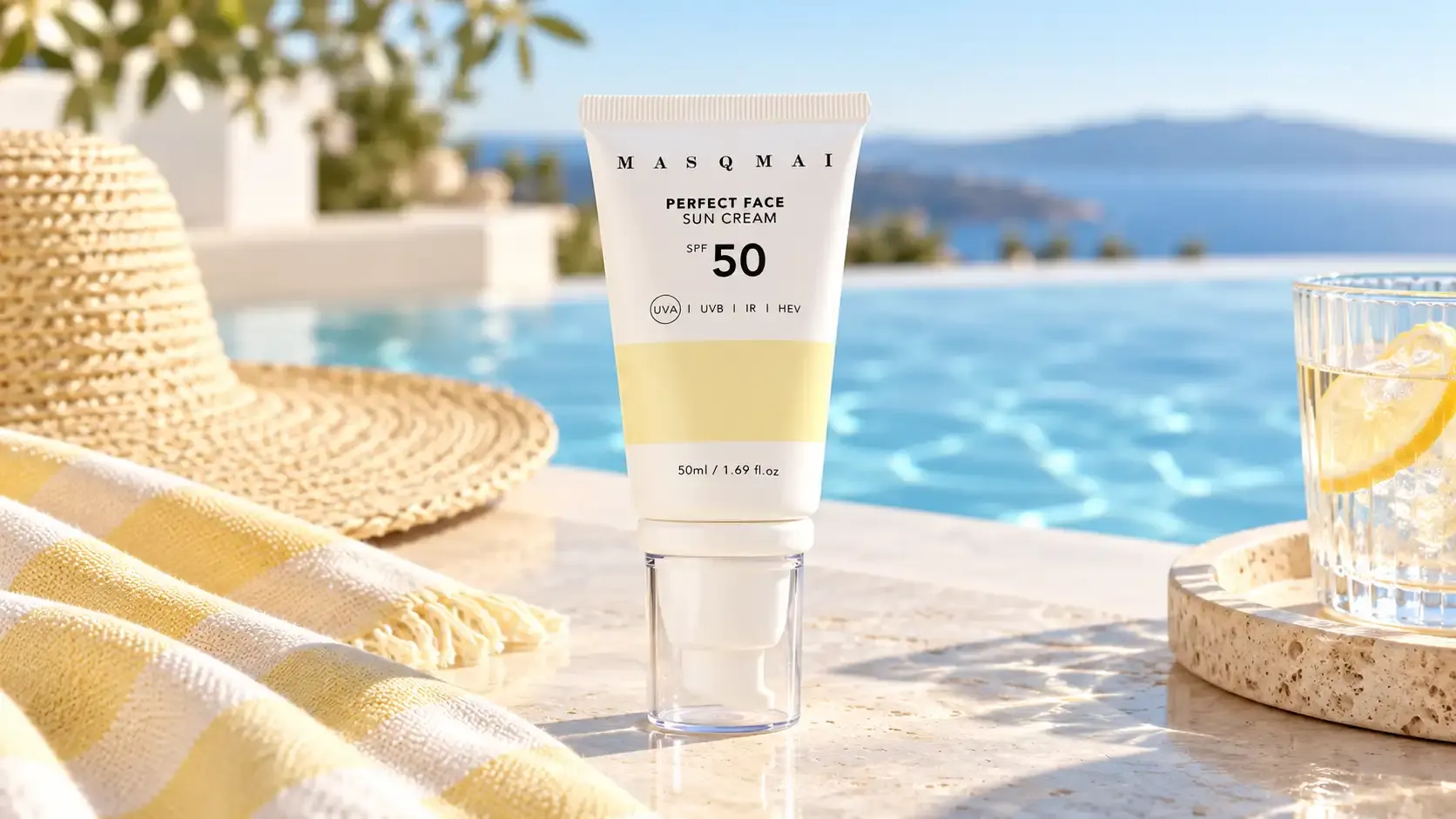 ماسكماي بيرفكت فيس صن كريم SPF 50 - 50 مل 4 كريم ماسكماي بيرفكت فيس صن كريم SPF 50 بحجم 50 مل في مشهد صيفي فاخر بجوار المسبح مع كوب ليمون وقبعة شاطئية