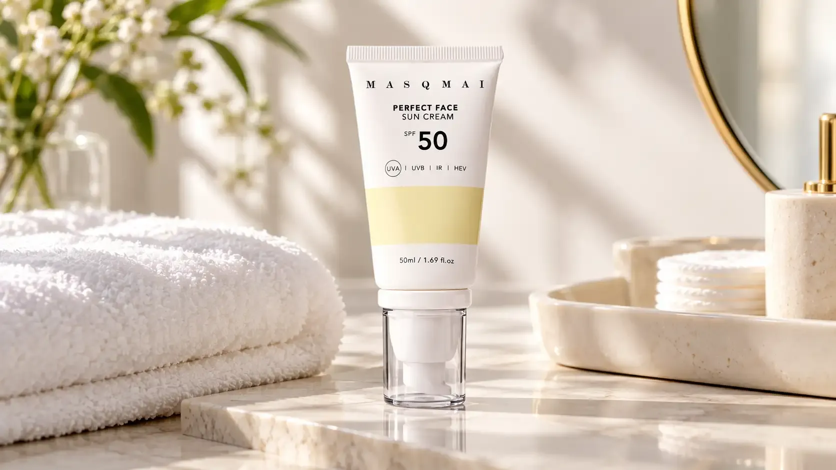 ماسكماي بيرفكت فيس صن كريم SPF 50 - 50 مل 5 كريم ماسكماي بيرفكت فيس صن كريم SPF 50 بحجم 50 مل في مشهد عناية بالبشرة داخل ركن تجميلي بسيط مع منشفة بيضاء وأدوات عناية
