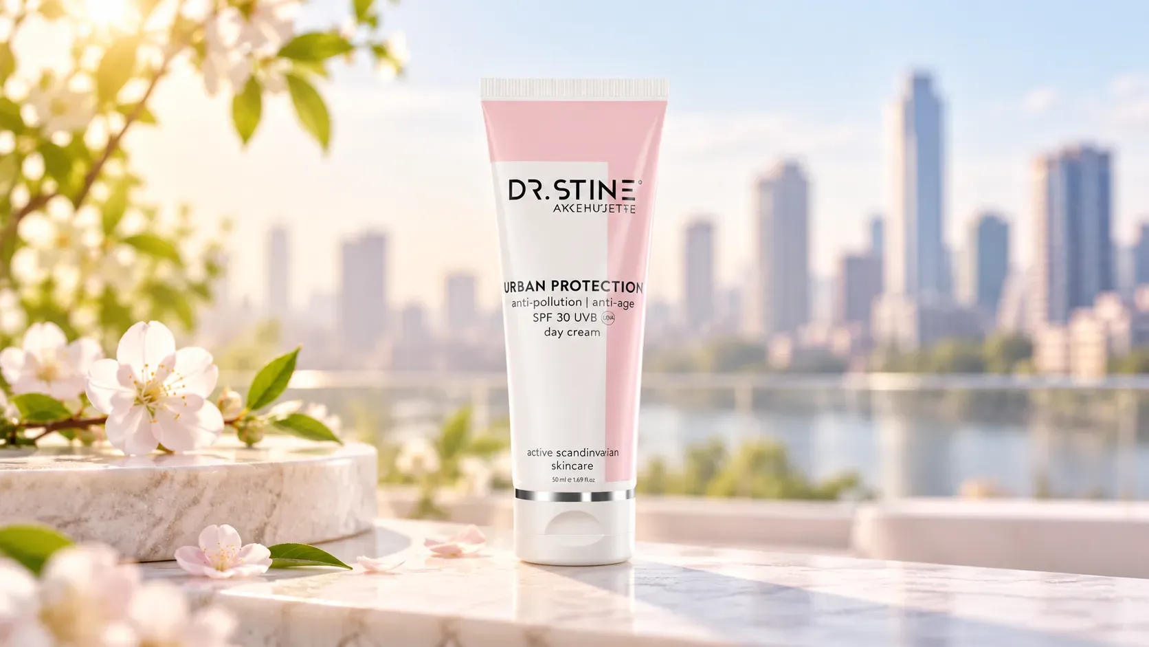 دكتور ستاين أوربان بروتكشن داي كريم SPF30 UVB - 50 مل 4 عبوة كريم دكتور ستاين أوربان بروتكشن النهاري باللونين الوردي والأبيض، موضوعة على قاعدة رخامية وسط أزهار وردية ومشهد تجميلي ناعم.