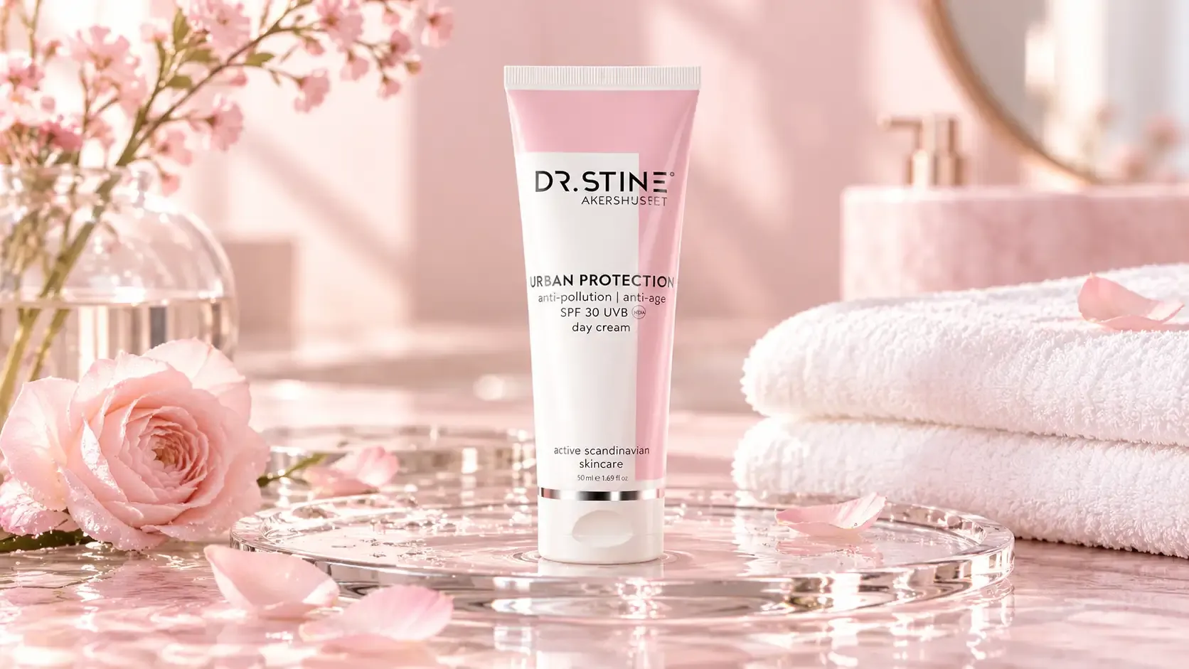 دكتور ستاين أوربان بروتكشن داي كريم SPF30 UVB - 50 مل 5 كريم دكتور ستاين أوربان بروتكشن النهاري SPF 30 UVB داخل مشهد سبا ناعم، مع مناشف بيضاء وورود وردية وسطح لامع.