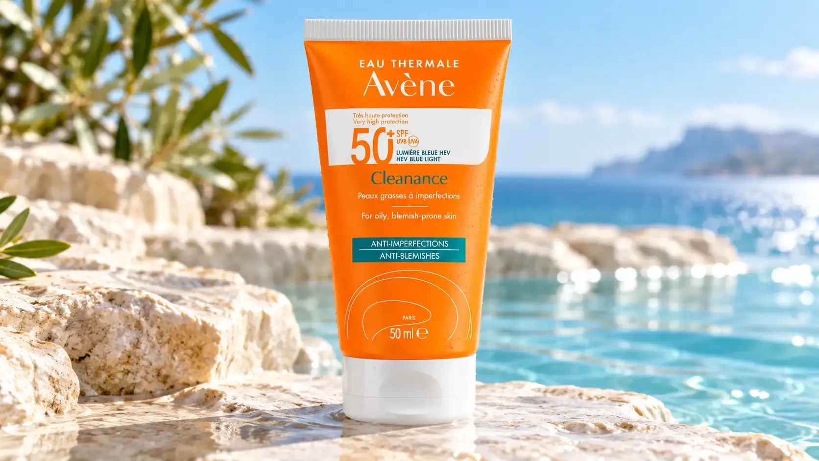 أفين كلينانس واقي شمس SPF 50+ بحجم 50 مل أمام البحر في أجواء صيفية مشرقة مع صخور طبيعية