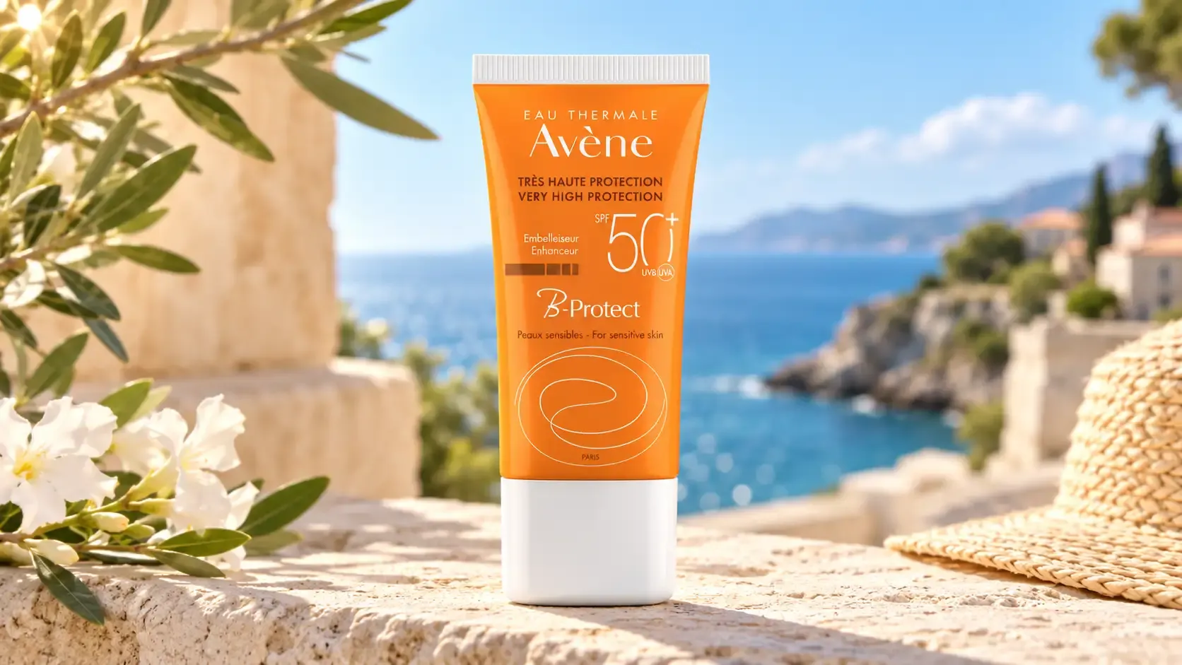 عبوة أفين بي بروتكت SPF 50+ موضوعة في مشهد مستوحى من البحر المتوسط، بإحساس صيفي منعش يبرز استخدام واقي الشمس.