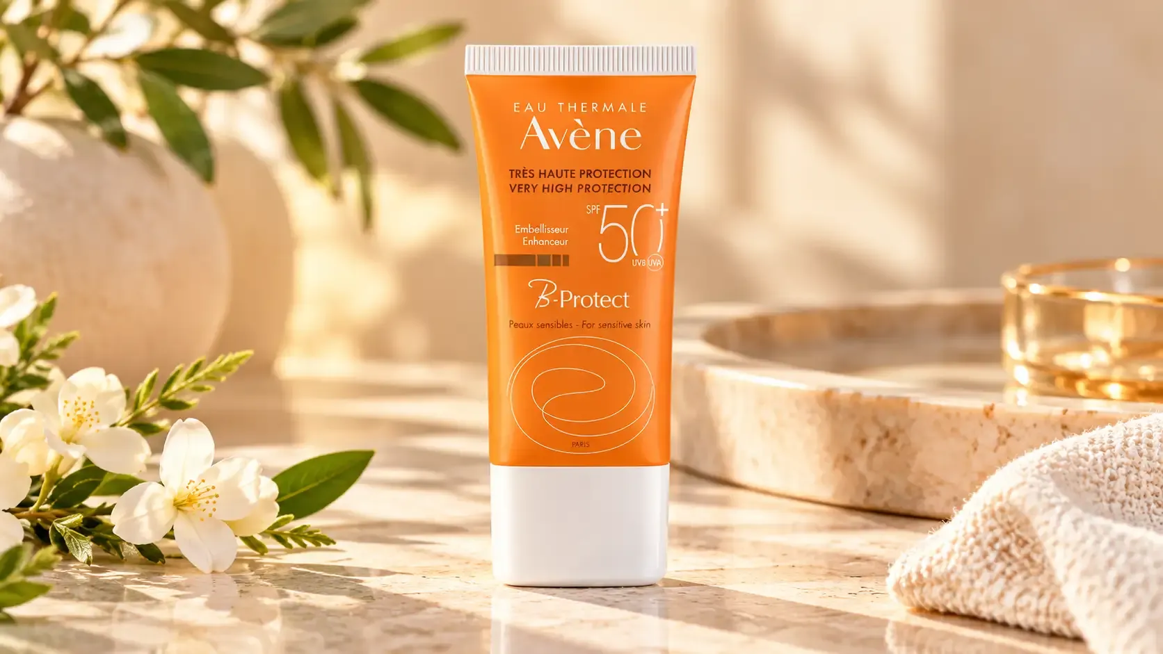 عبوة أفين بي بروتكت SPF 50+ في مشهد مستوحى من الينابيع الحرارية، مع أجواء نقية وهادئة تعكس العناية بالبشرة الحساسة.