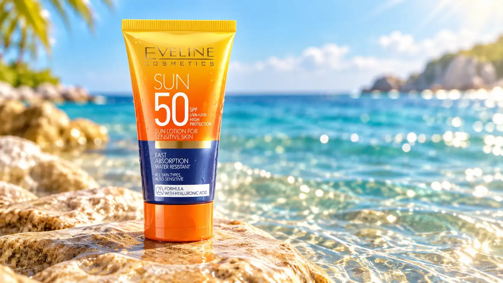 إيفلين واقي شمس SPF 50 للوجه لكل أنواع البشرة 4 واقي شمس إيفلين SPF 50 فوق صخور شاطئية أمام البحر الأزرق في أجواء صيفية مشرقة